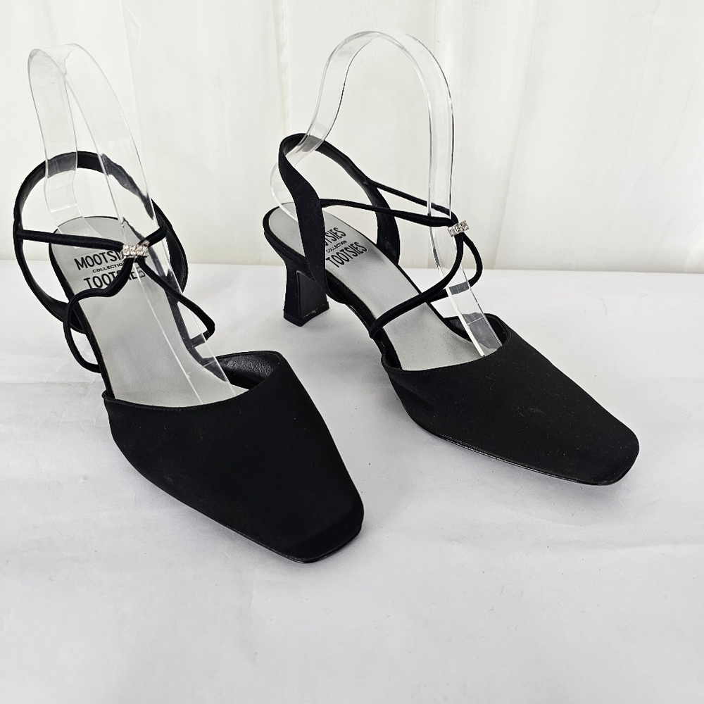 Mootsies Tootsies Collection black satin strappy heels rhinestone square toe 8